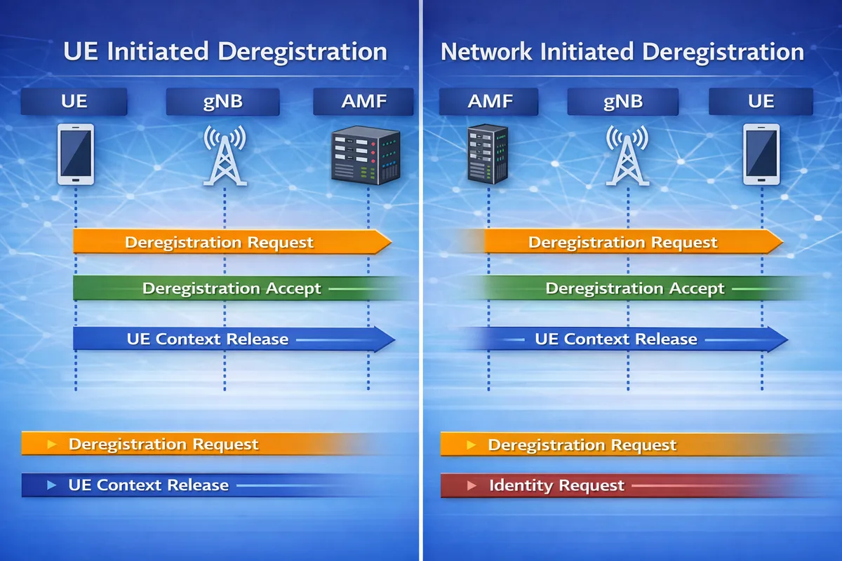 5G Deregistration procedure call flow diagram showing UE, gNB, and AMF signaling