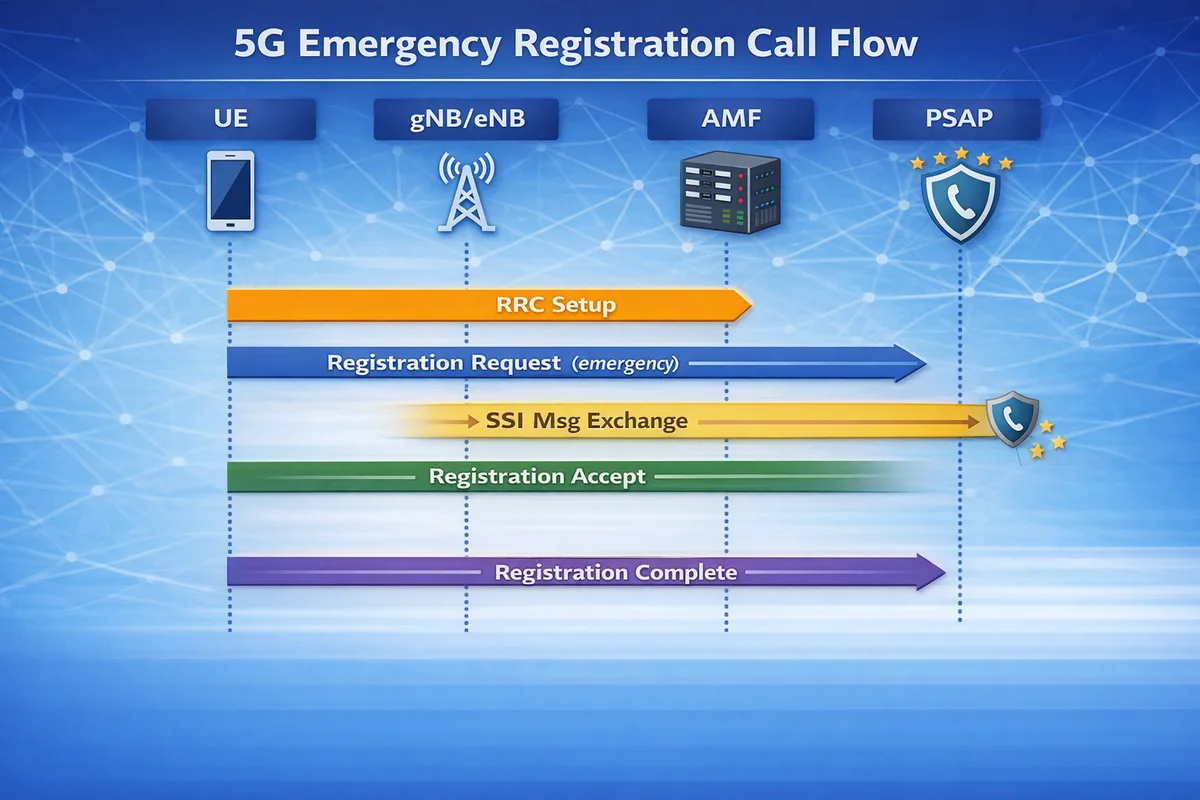5G Emergency Registration call flow diagram showing UE, gNB, and AMF signaling for emergency access