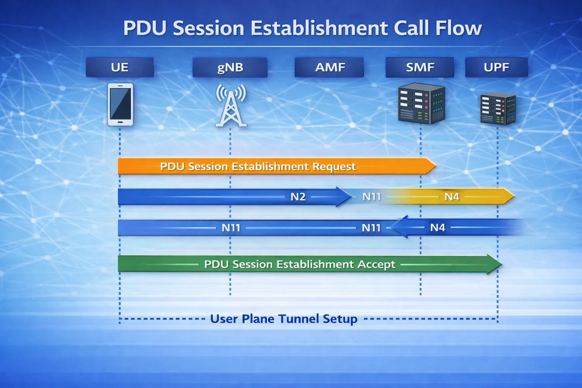 5G PDU Session Establishment call flow diagram showing UE, gNB, AMF, SMF, and UPF signaling