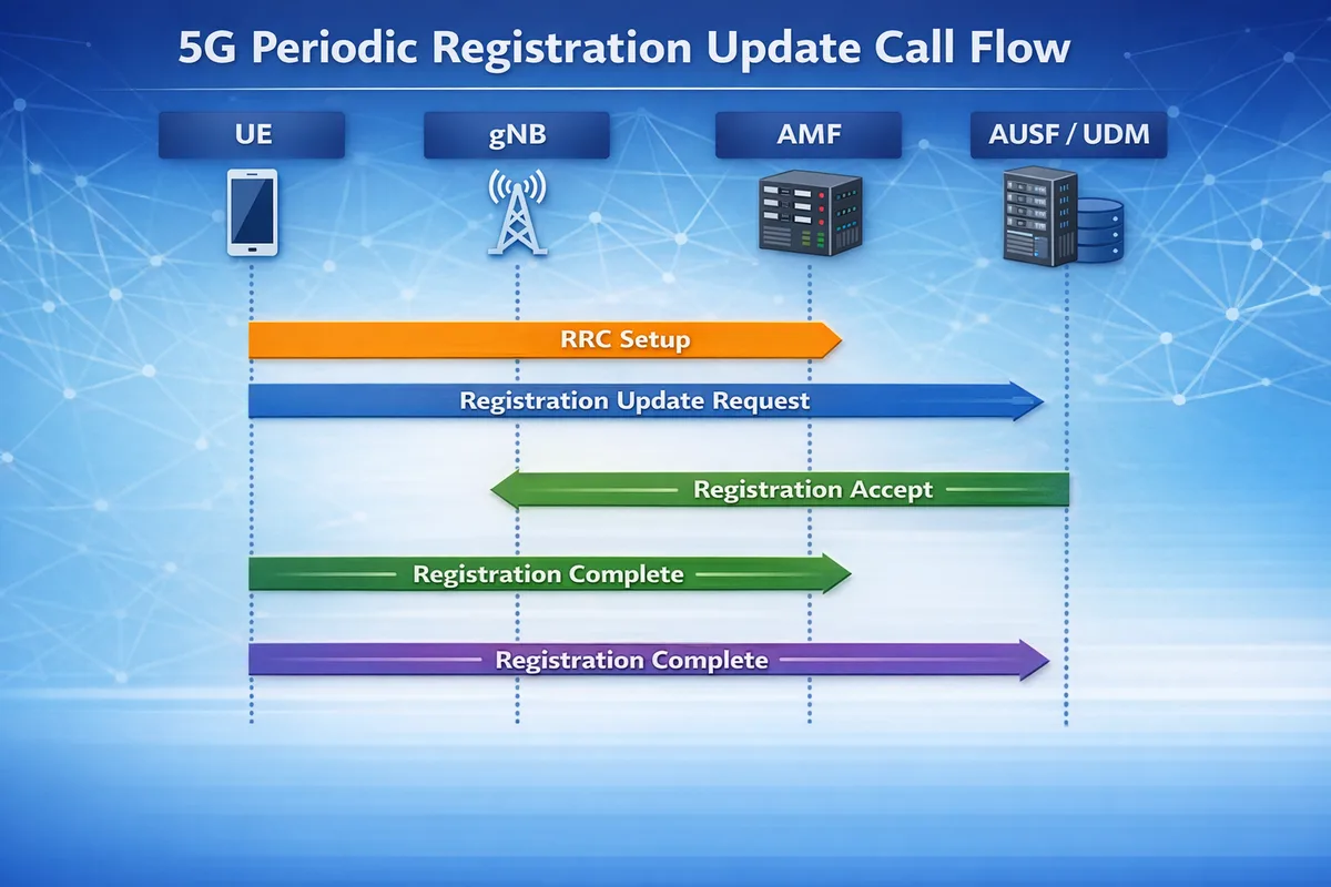 5G Periodic Registration Update call flow diagram showing UE, gNB, AMF, and UDM signaling