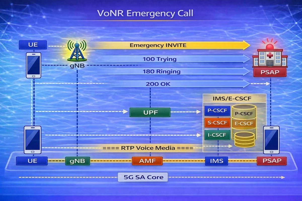 VoNR emergency call flow diagram
